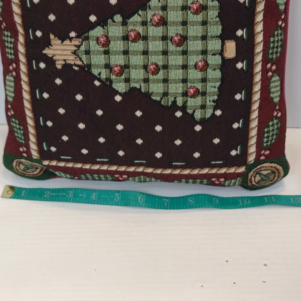Christmas Tree Tapestry Stuffed Pillow Dark Brown Maroon Green 12